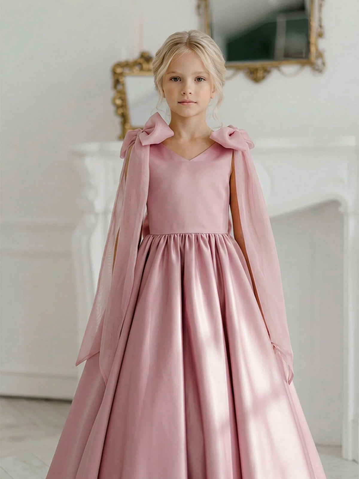Girls Dusty Pink Satin Floor-Length Gown with Sheer Shoulder Bows & Oversized Back Bow
