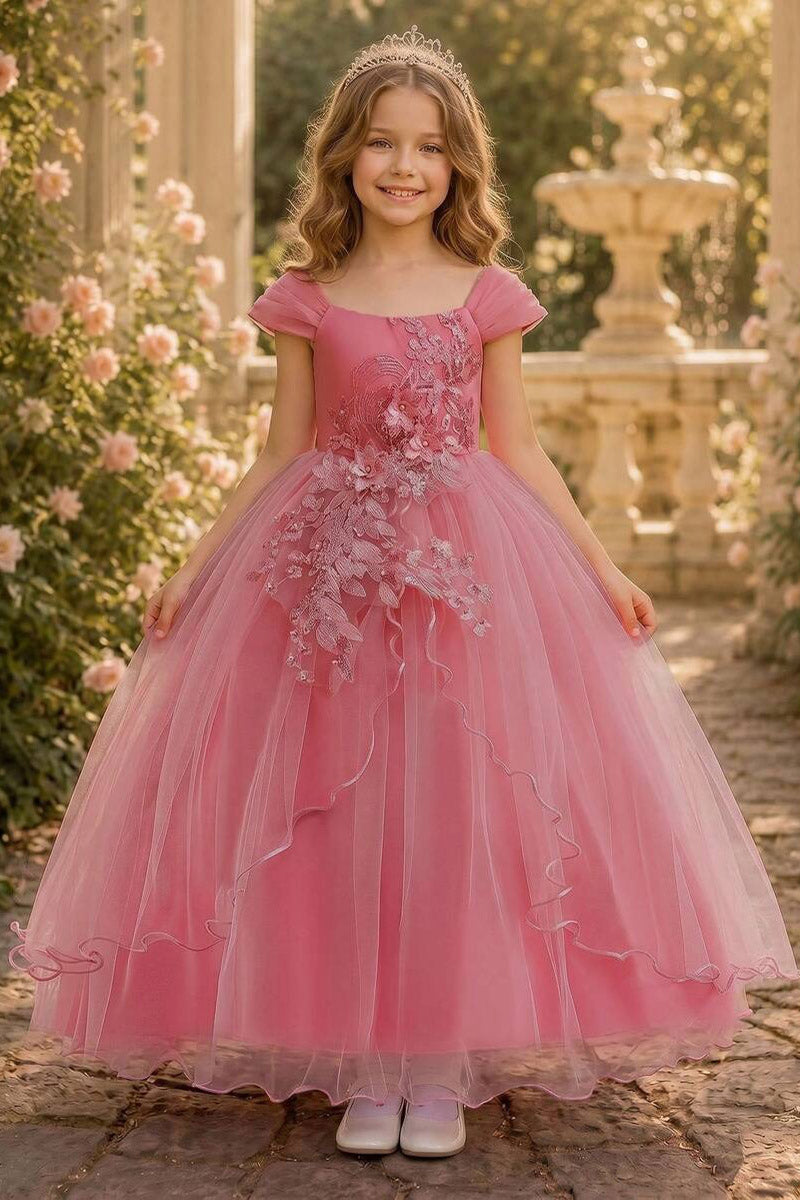 Girls Hot Pink Square Neck Floor-Length Tulle Dress