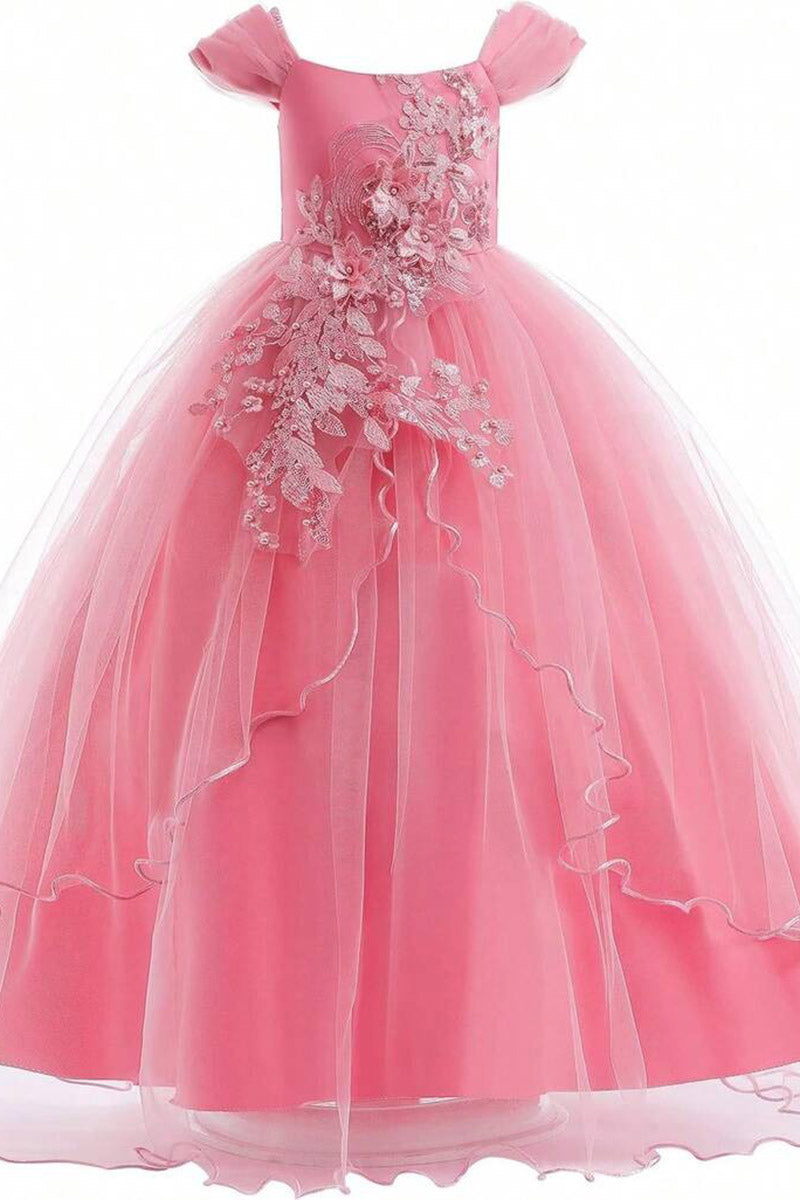 Girls Hot Pink Square Neck Floor-Length Tulle Dress