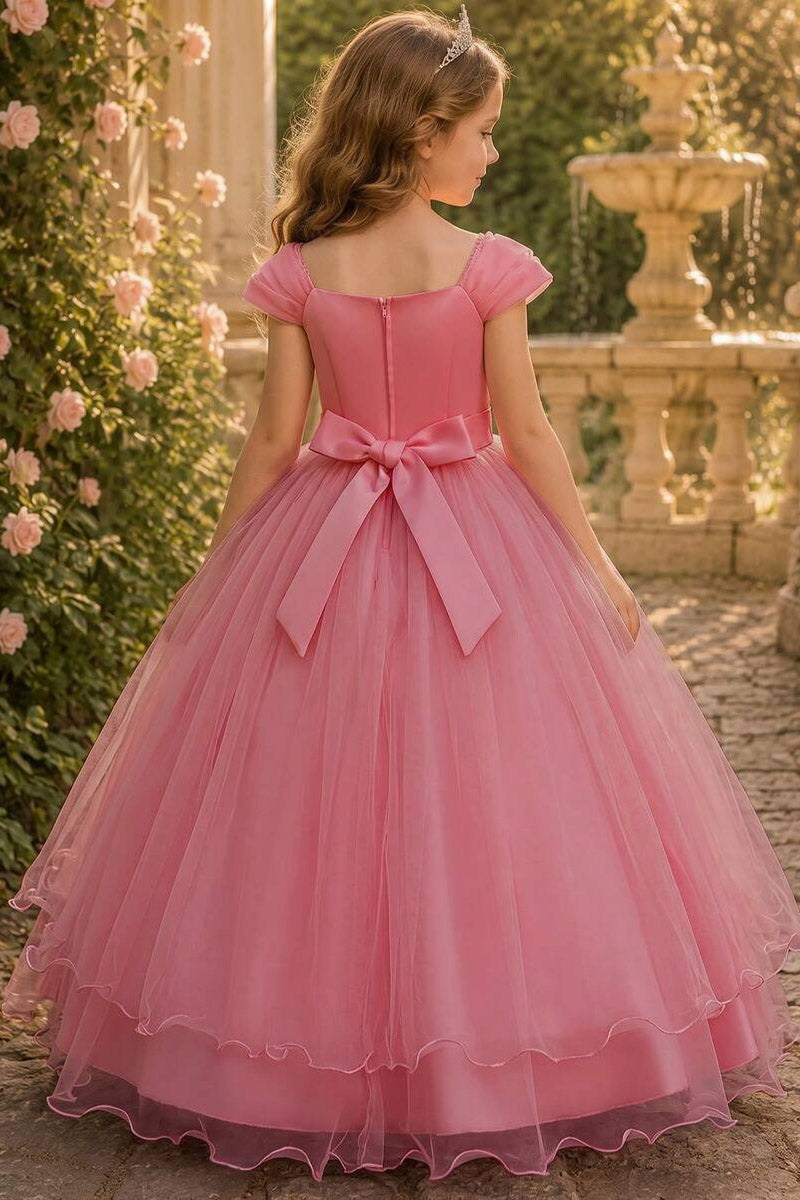 Girls Hot Pink Square Neck Floor-Length Tulle Dress