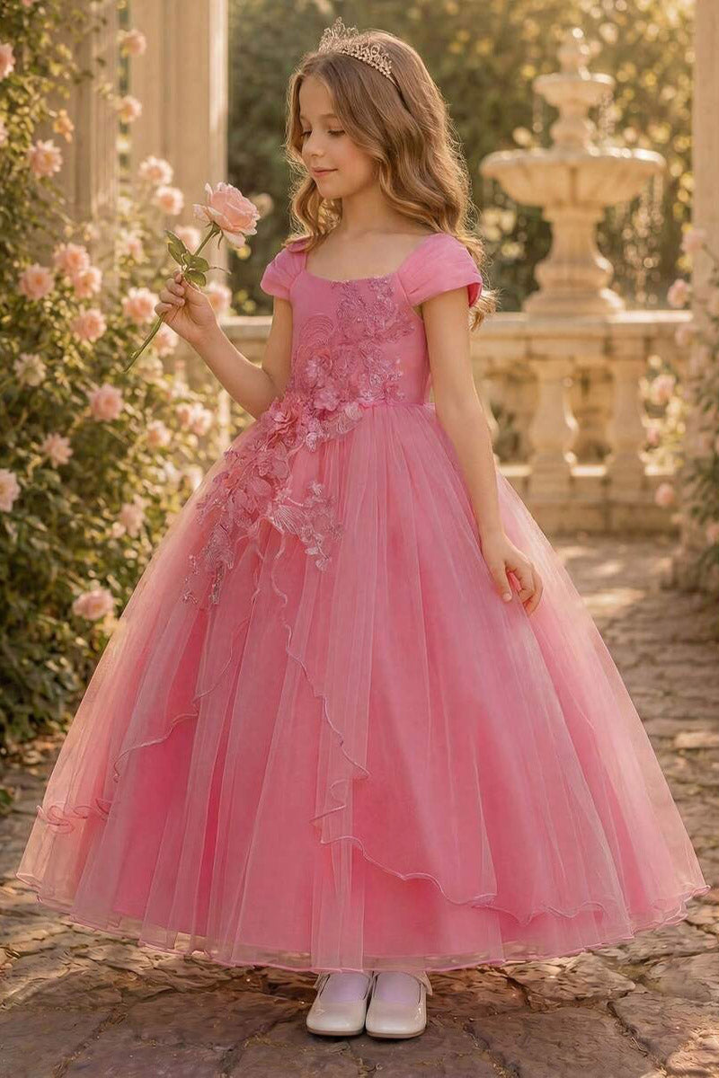 Girls Hot Pink Square Neck Floor-Length Tulle Dress