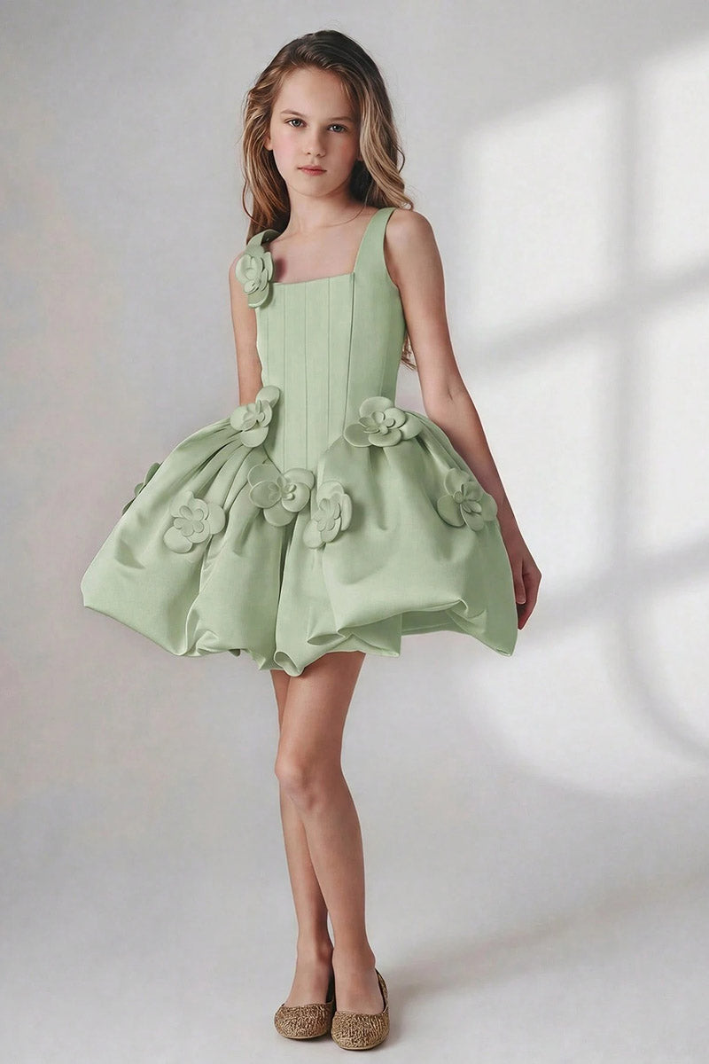 Girls Sage Satin Square Neck Bubble Mini Dress