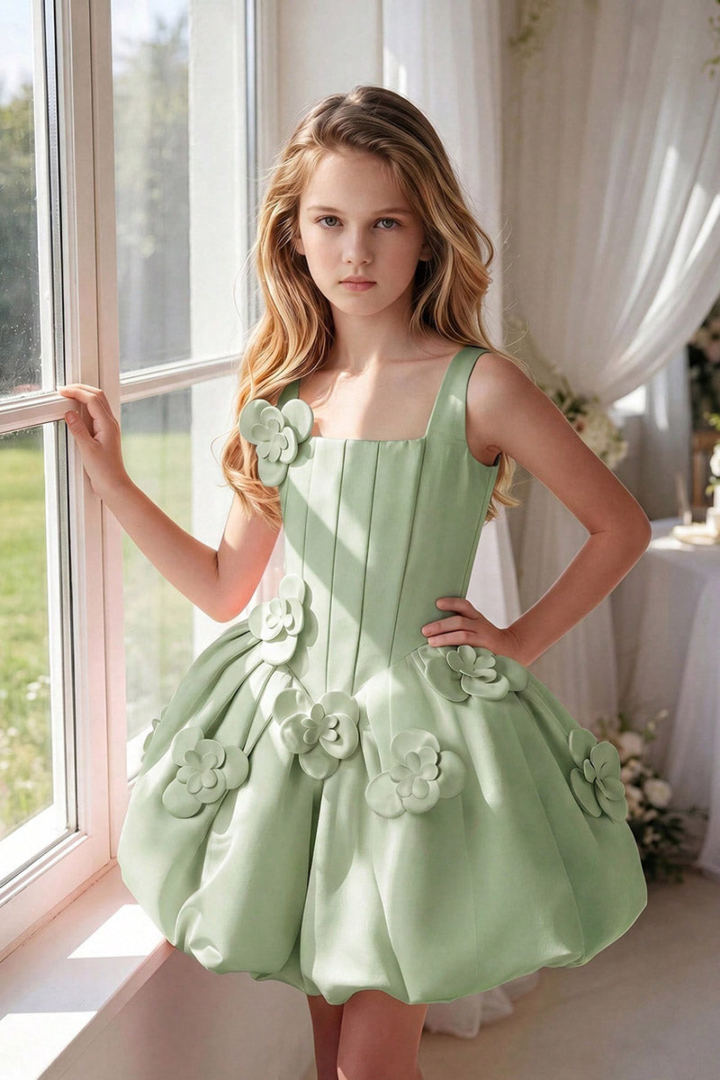 Girls Sage Satin Square Neck Bubble Mini Dress