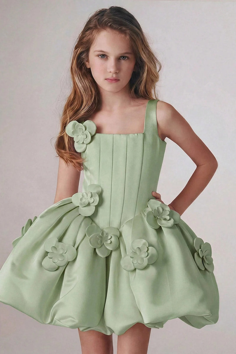 Girls Sage Satin Square Neck Bubble Mini Dress
