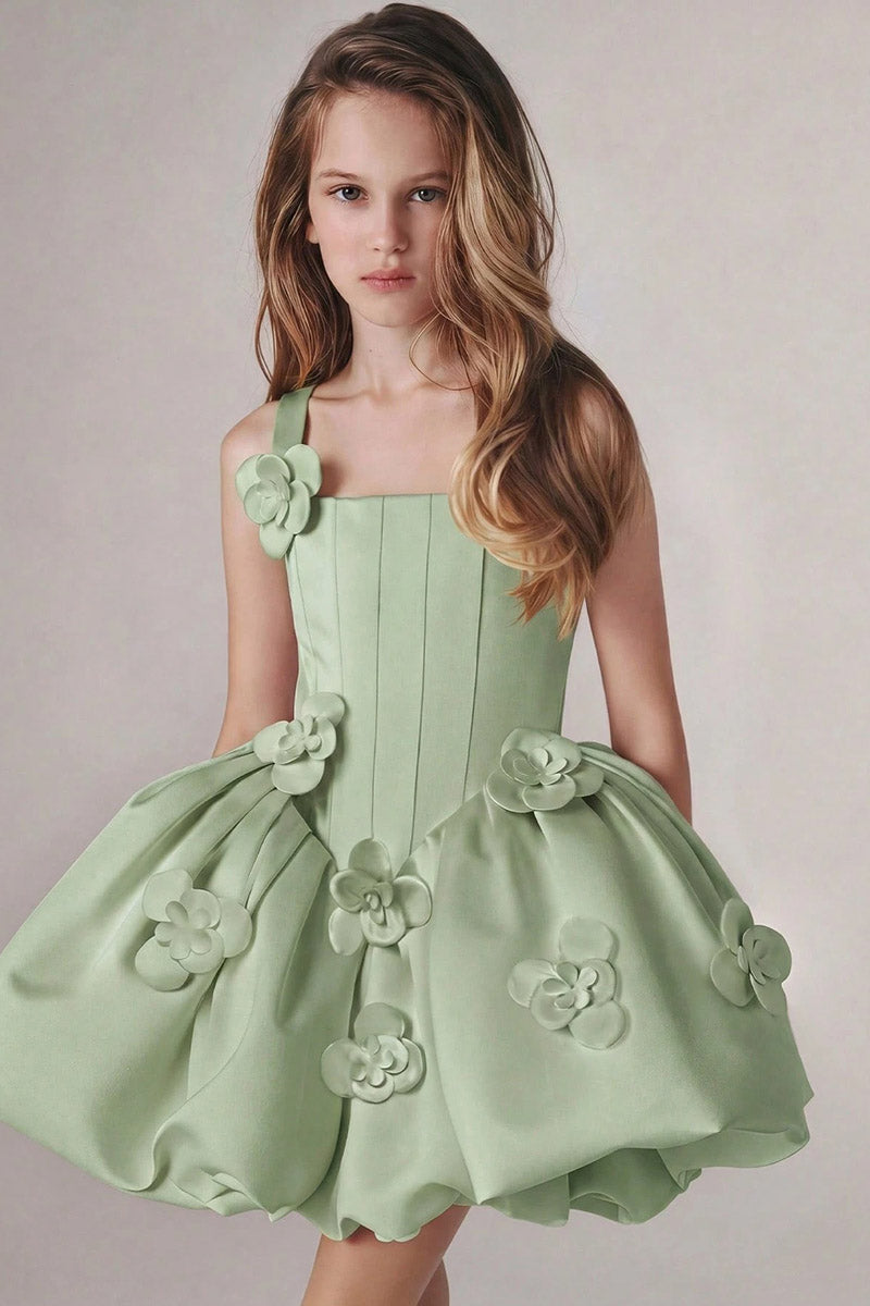 Girls Sage Satin Square Neck Bubble Mini Dress