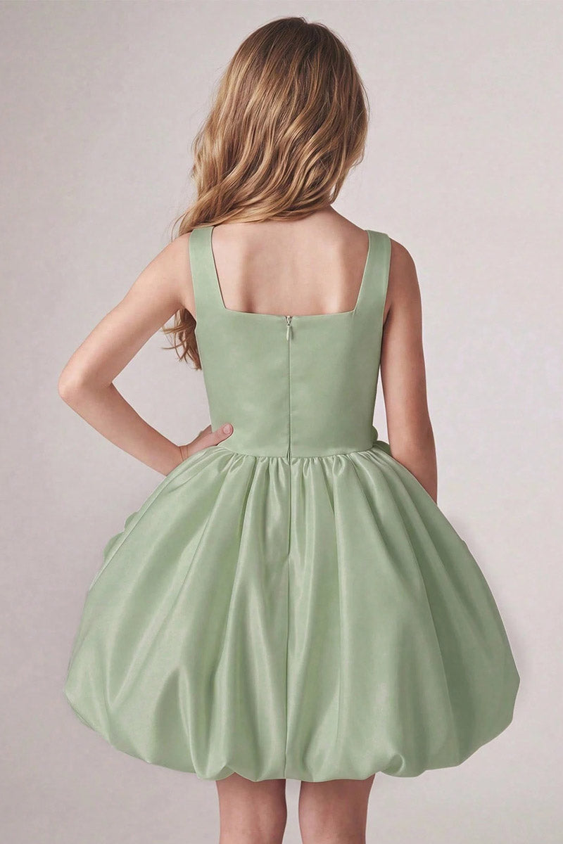 Girls Sage Satin Square Neck Bubble Mini Dress