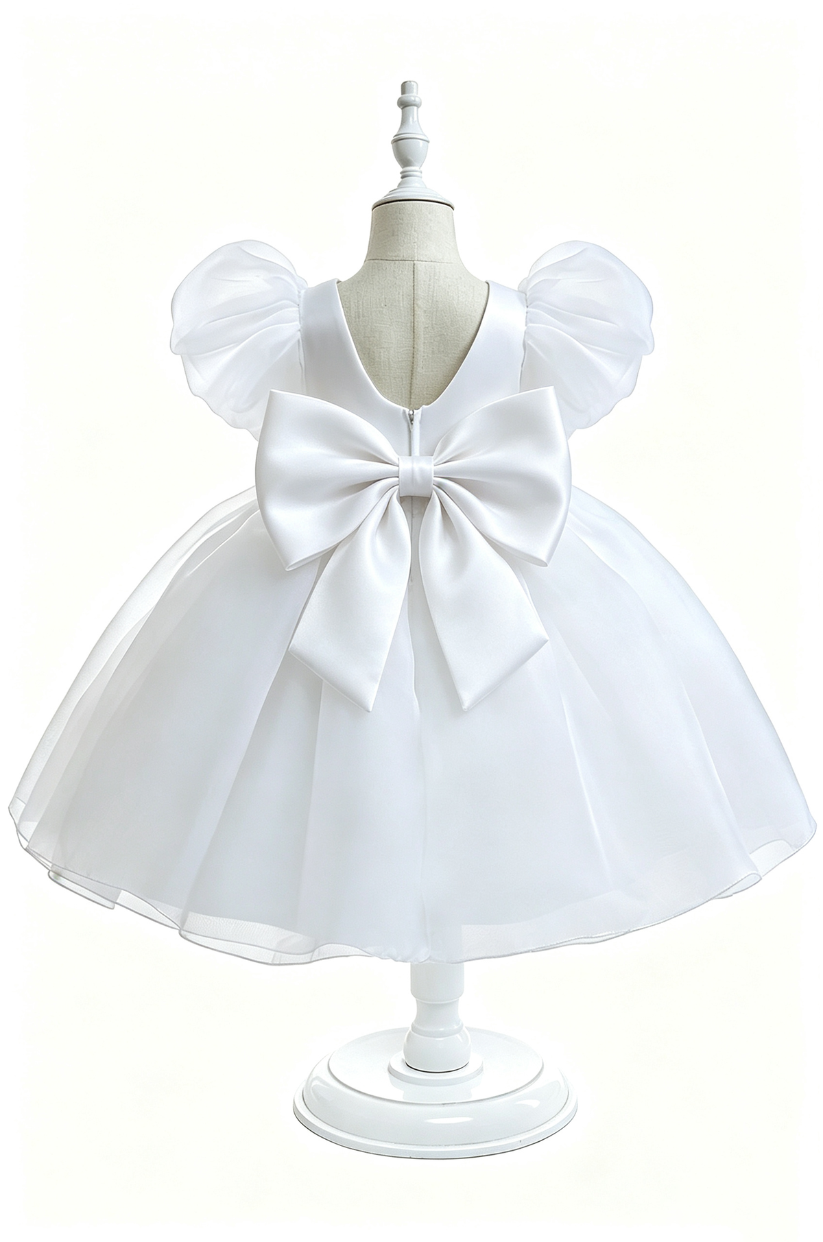 White Organza Puff Sleeve Satin A-Line Flower Girl Formal Dress