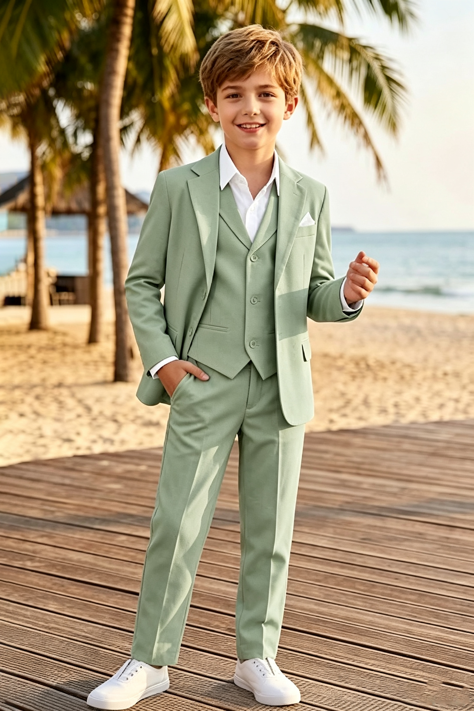 Sage Green Cotton-Linen Single Breasted 3-Piece Formal Suit Set