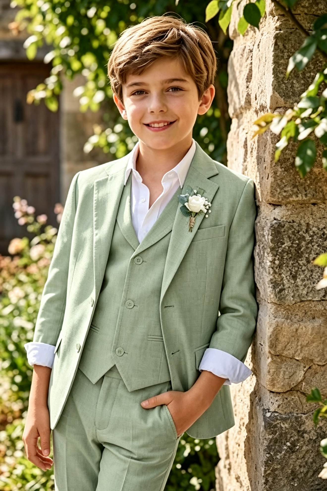 Sage Green Cotton-Linen Single Breasted 3-Piece Formal Suit Set