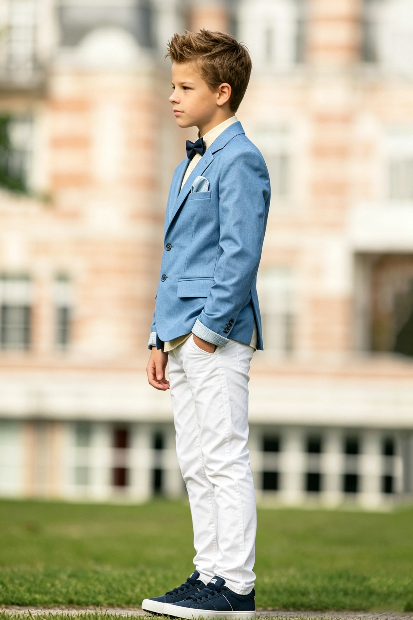 Sky Blue & White Cotton-Linen Blend Single-Breasted 2 Piece Suit Set