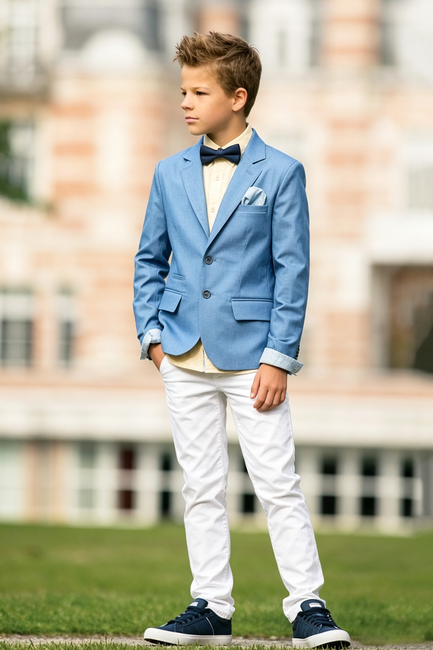 Sky Blue & White Cotton-Linen Blend Single-Breasted 2 Piece Suit Set