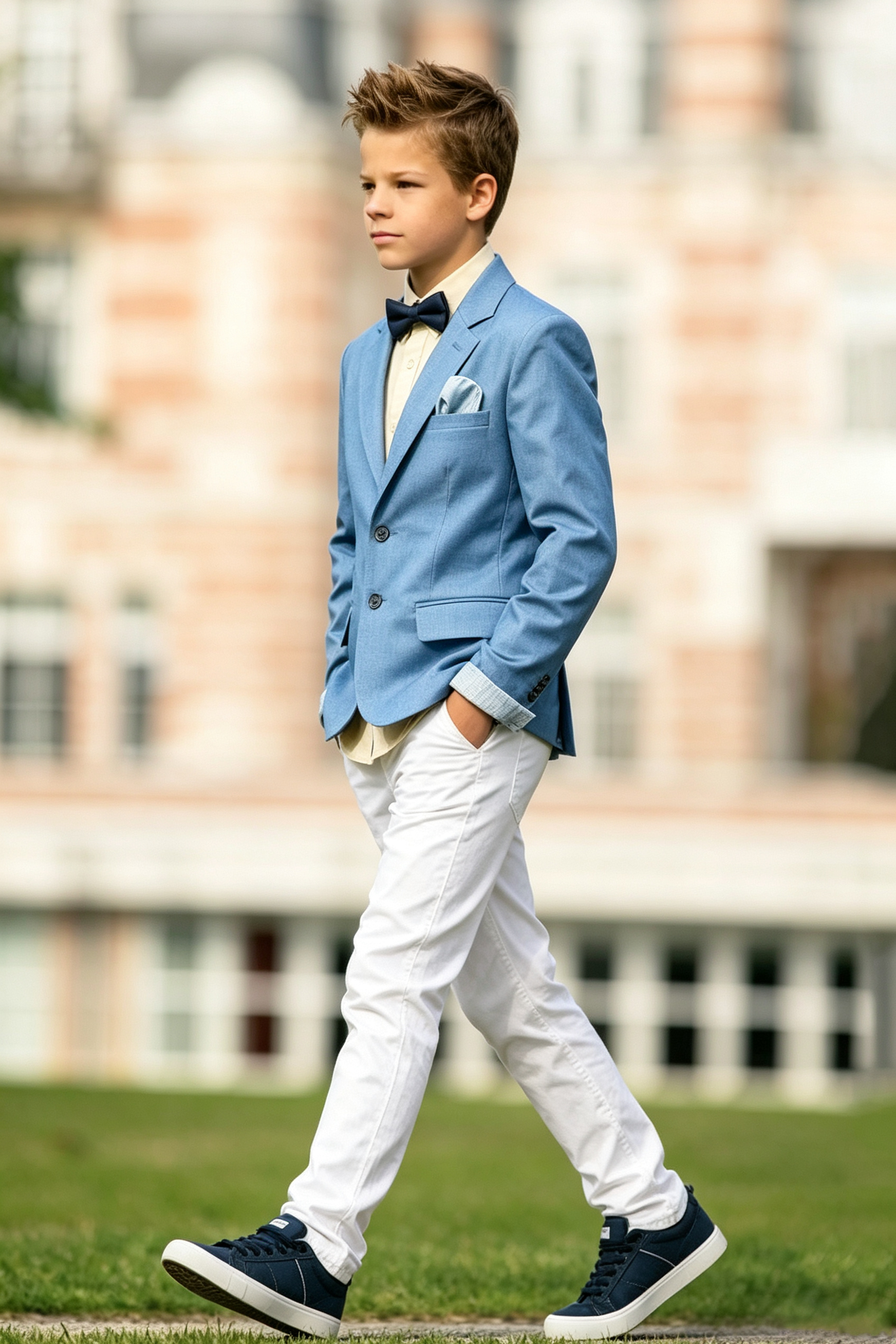Sky Blue & White Cotton-Linen Blend Single-Breasted 2 Piece Suit Set