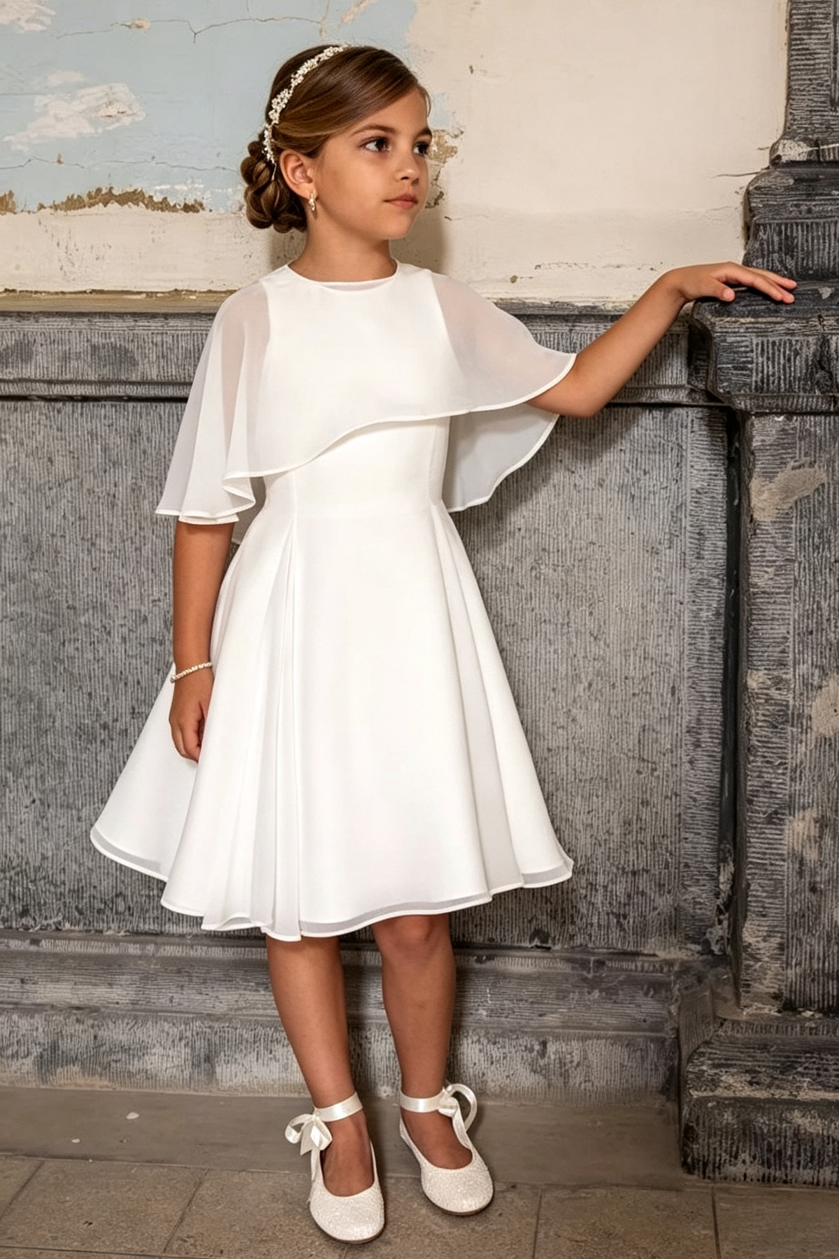 White Chiffon Round Neck Capelet A-Line Dress