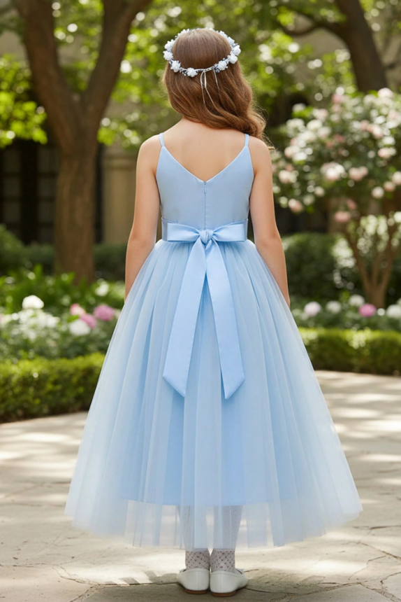 Light Blue Spaghetti Strap Satin Bow Multi-Layer Tulle A-Line Dress