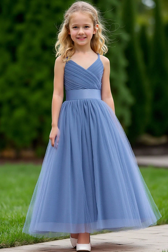 Light Blue Spaghetti Strap Satin Bow Multi-Layer Tulle A-Line Dress