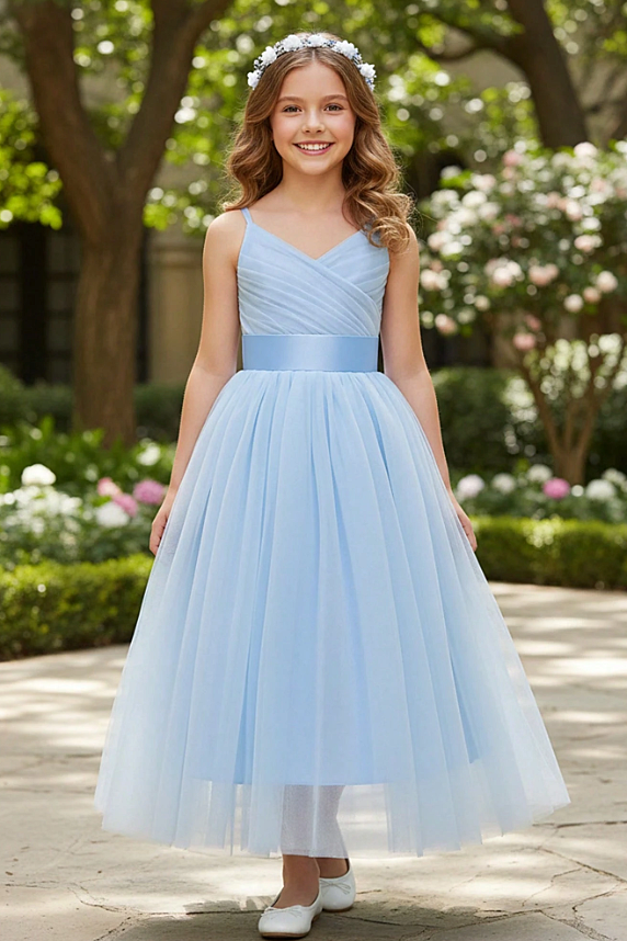 Light Blue Spaghetti Strap Satin Bow Multi-Layer Tulle A-Line Dress