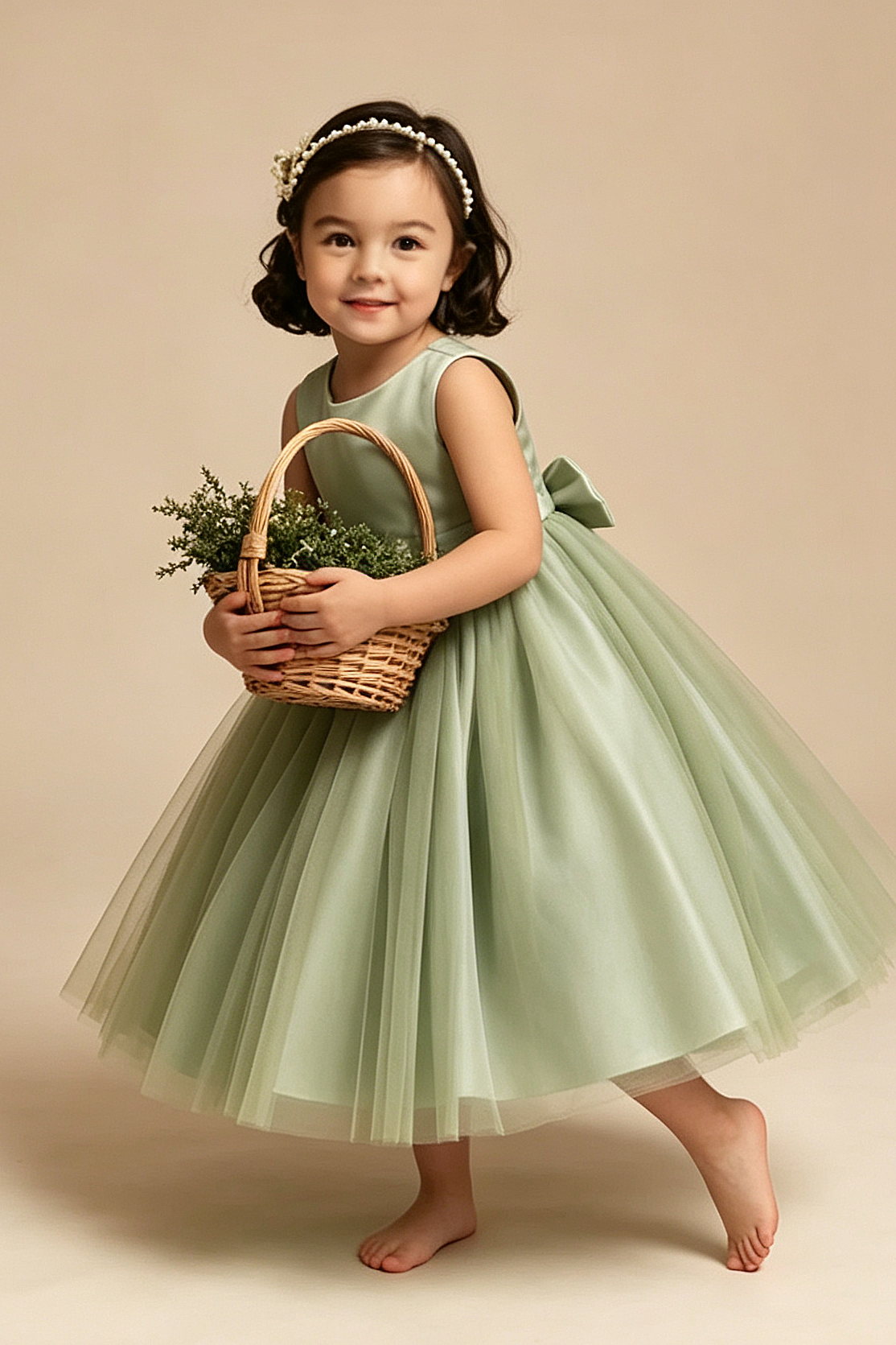 Sage Green Sleeveless Round Neck Satin Bow Multi-Layer Tulle A-Line Dress