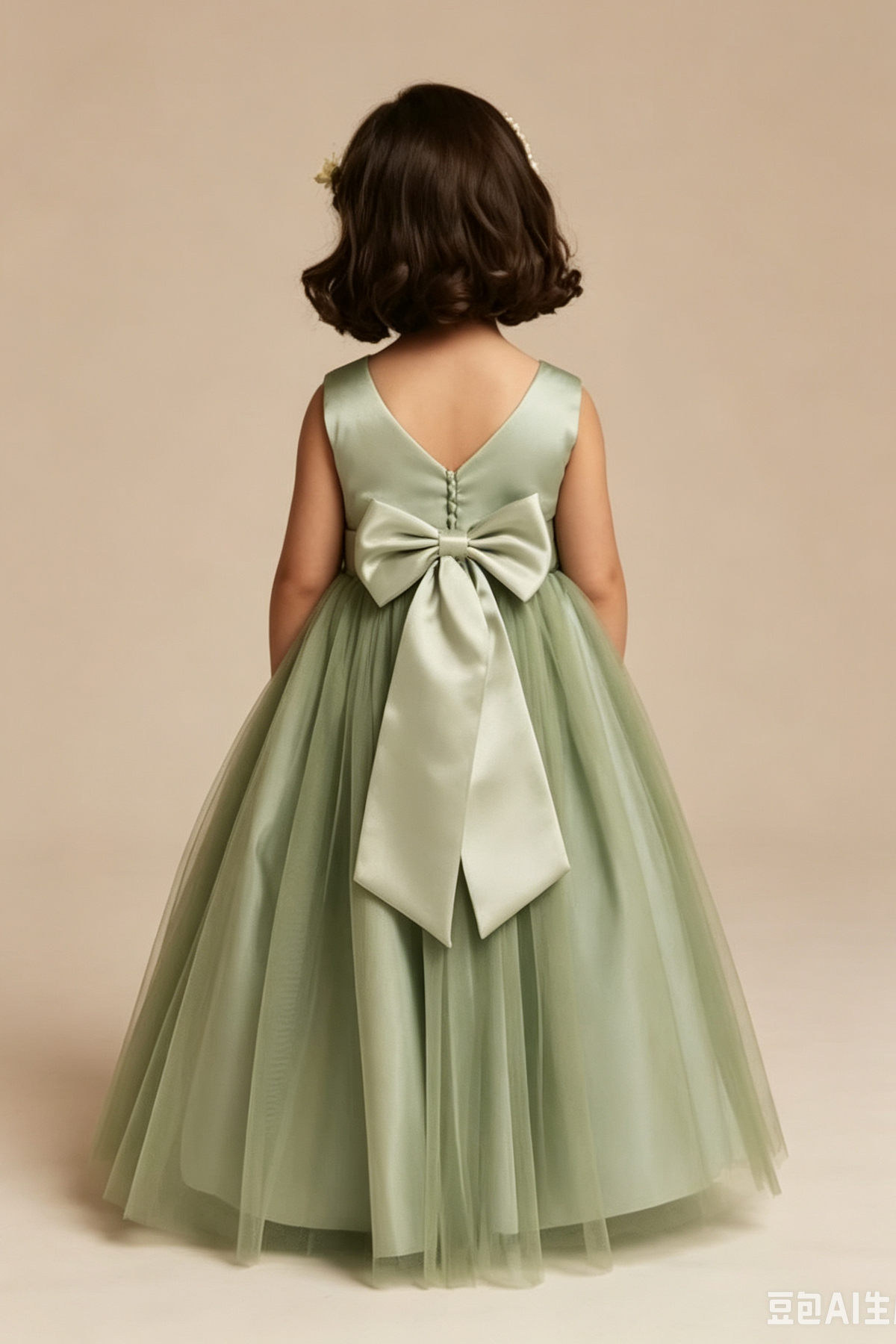 Sage Green Sleeveless Round Neck Satin Bow Multi-Layer Tulle A-Line Dress