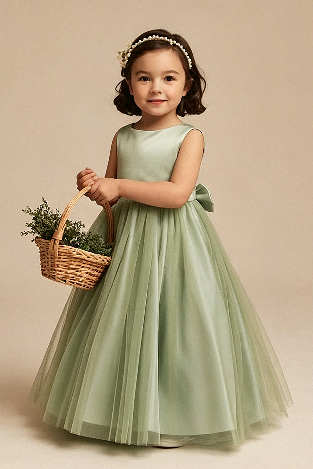 Sage Green Sleeveless Round Neck Satin Bow Multi-Layer Tulle A-Line Dress