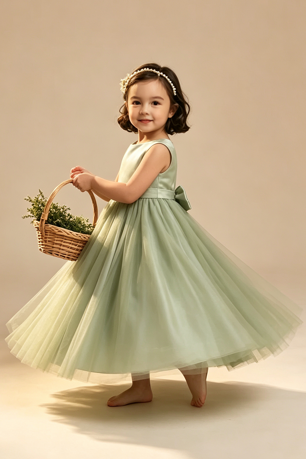 Sage Green Sleeveless Round Neck Satin Bow Multi-Layer Tulle A-Line Dress
