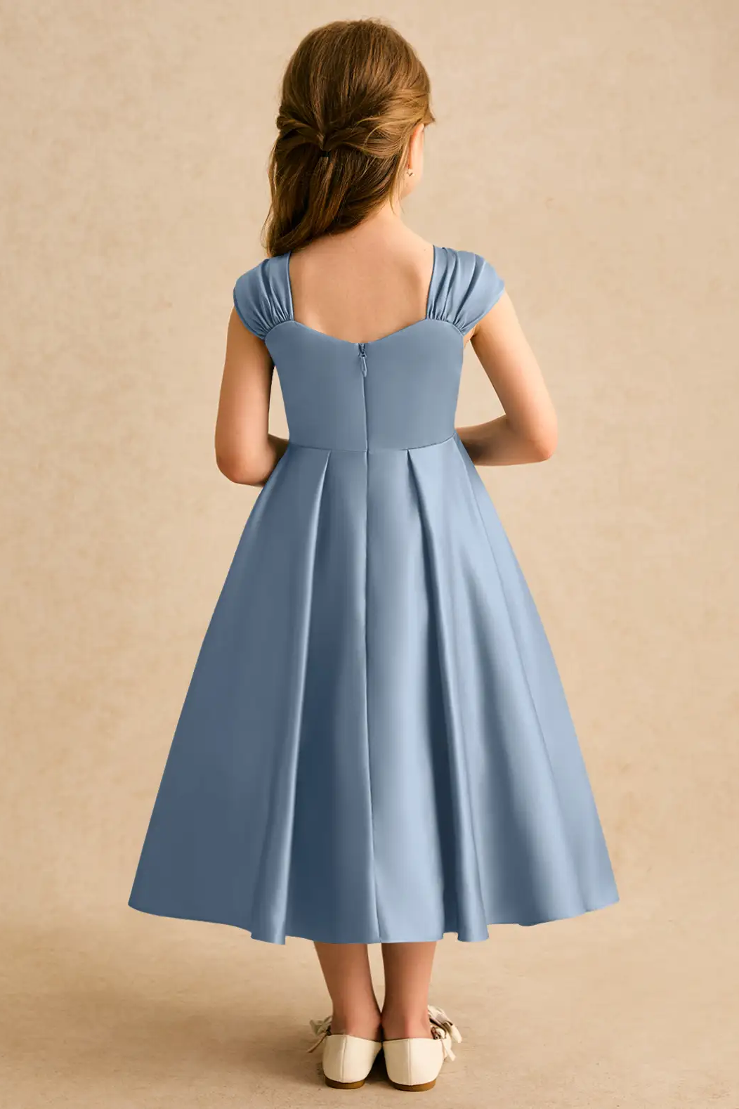 Dusty Blue Satin Square Neck Pearl Trim Cap Strap A-Line Dress