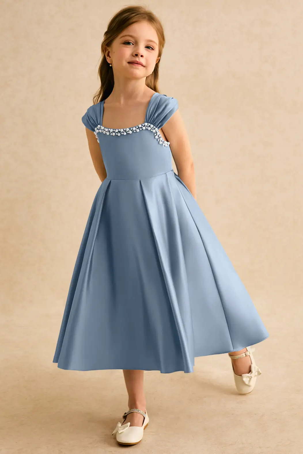 Dusty Blue Satin Square Neck Pearl Trim Cap Strap A-Line Dress