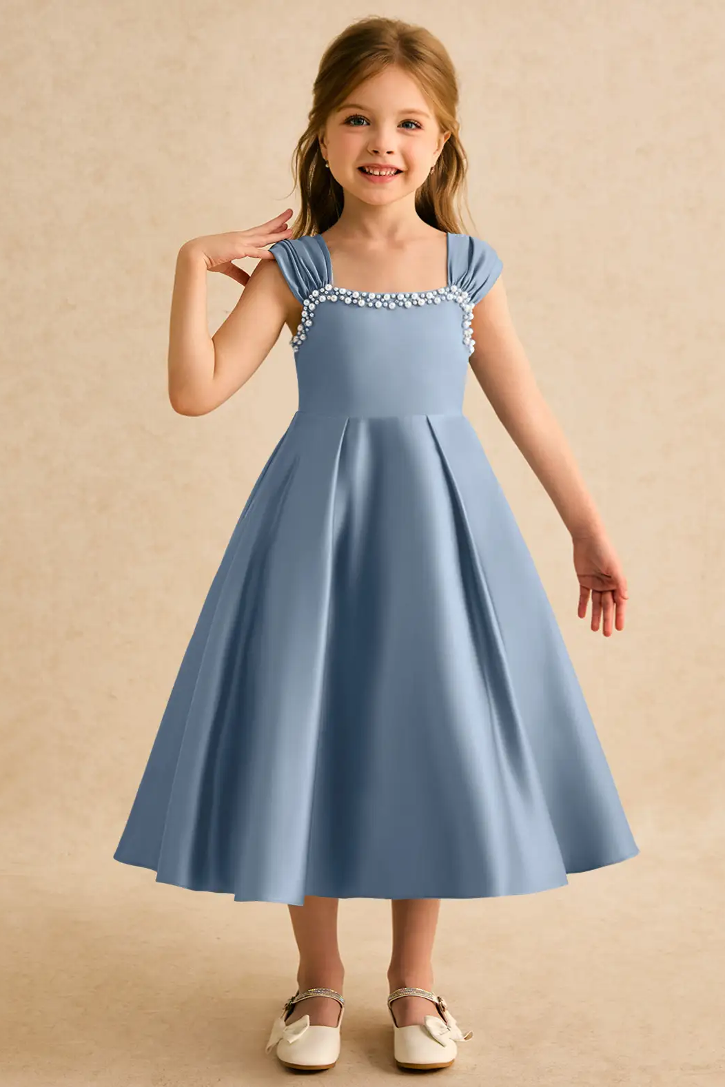 Dusty Blue Satin Square Neck Pearl Trim Cap Strap A-Line Dress