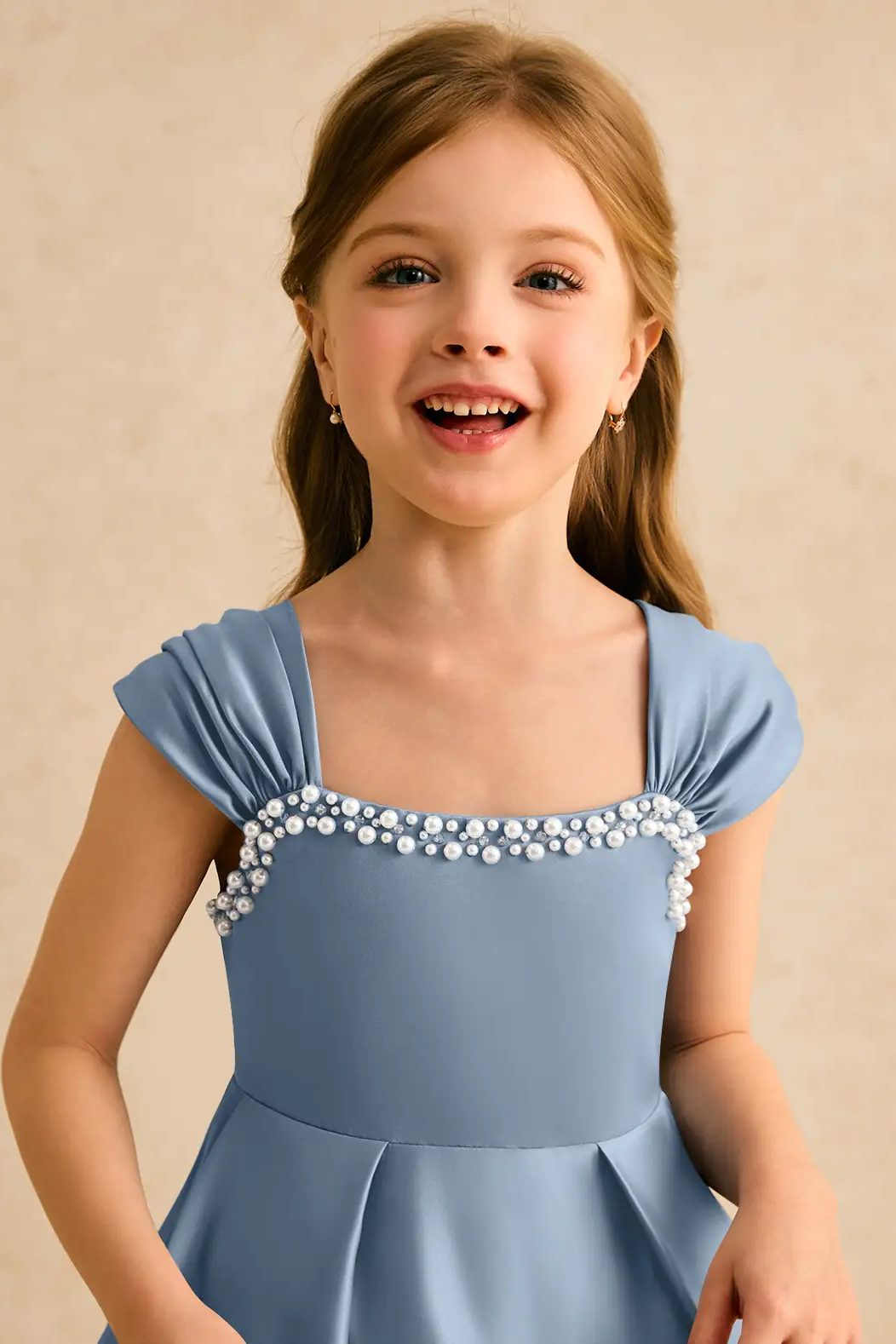 Dusty Blue Satin Square Neck Pearl Trim Cap Strap A-Line Dress