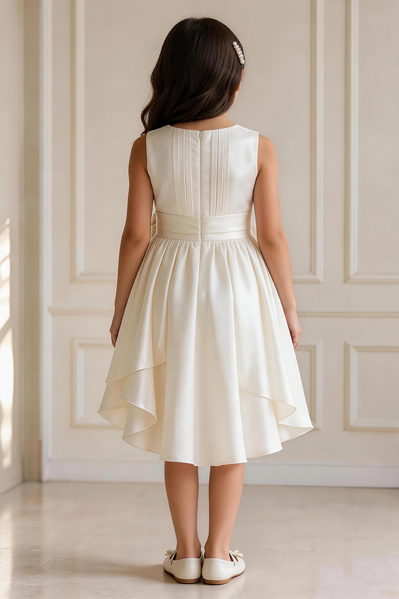 Girls Ivory Sleeveless Satin Midi Dress with Rhinestone Waist Bow