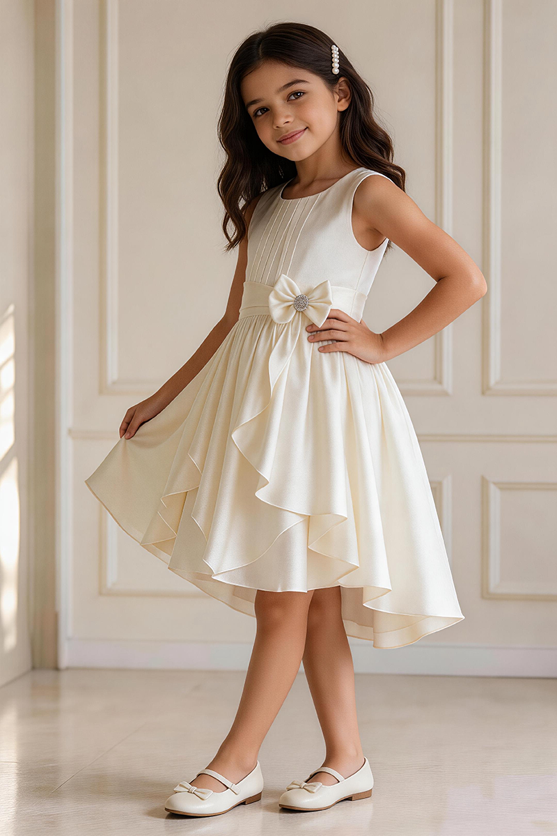Girls Ivory Sleeveless Satin Midi Dress with Rhinestone Waist Bow