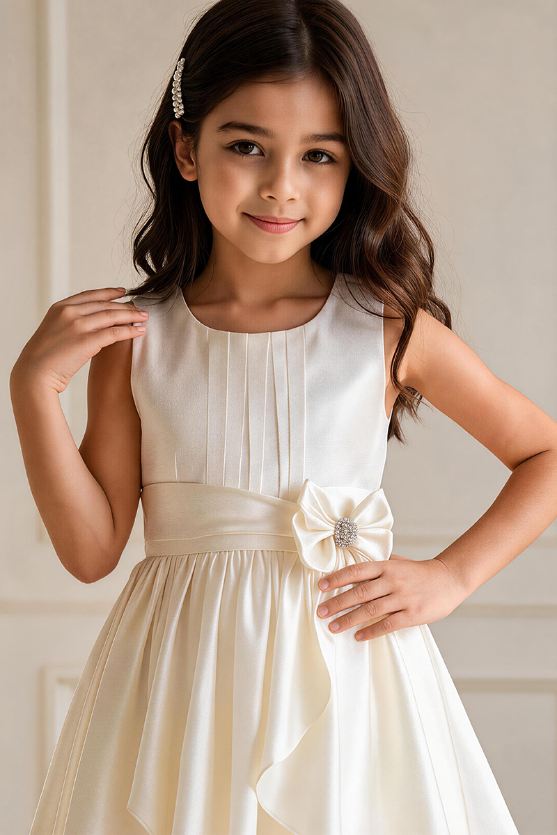Girls Ivory Sleeveless Satin Midi Dress with Rhinestone Waist Bow