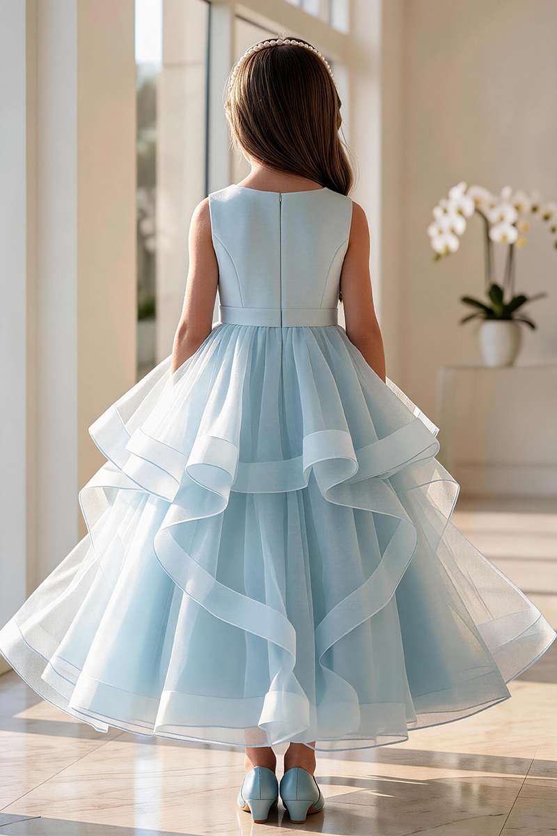 Girls Sky Blue Sleeveless Tulle Floor-Length Gown with Waist Bo