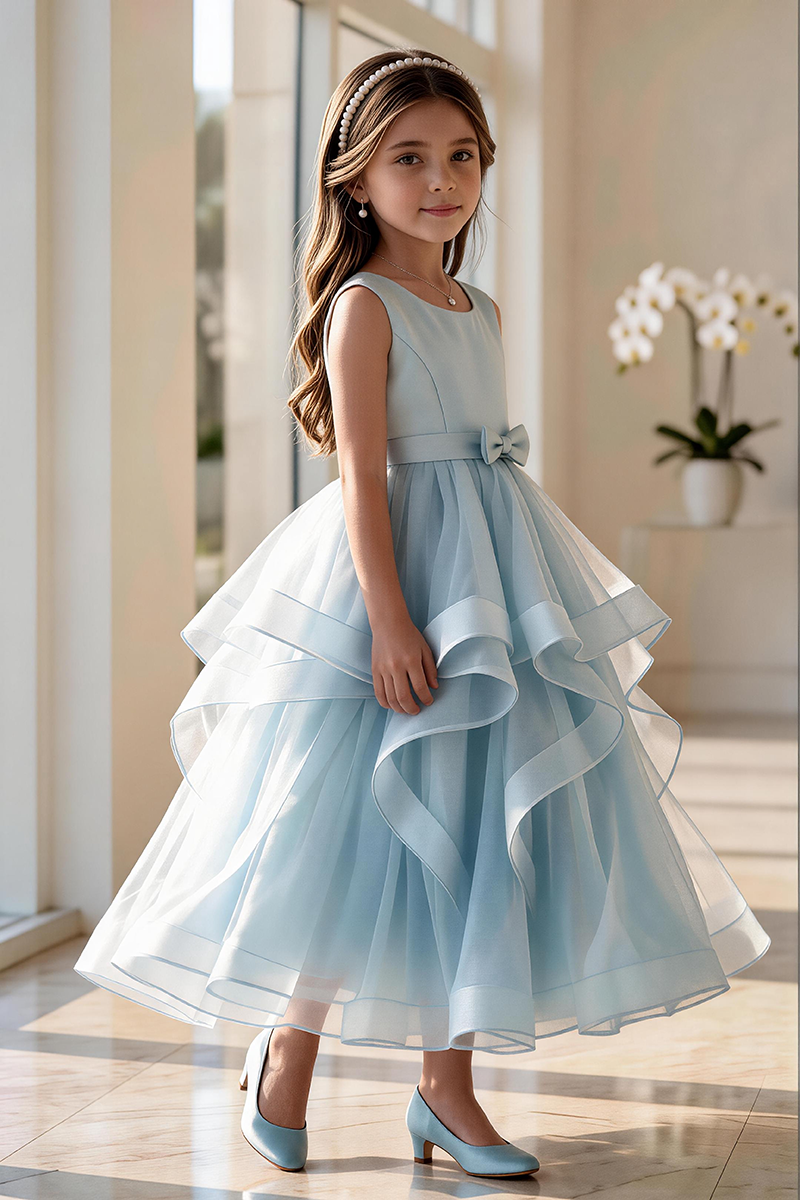 Girls Sky Blue Sleeveless Tulle Floor-Length Gown with Waist Bo