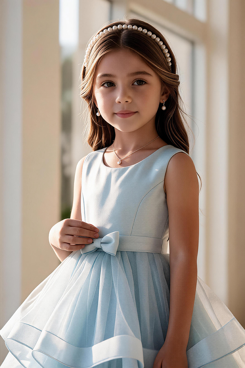 Girls Sky Blue Sleeveless Tulle Floor-Length Gown with Waist Bo