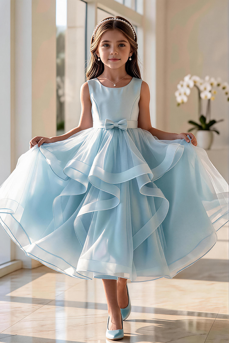 Girls Sky Blue Sleeveless Tulle Floor-Length Gown with Waist Bo