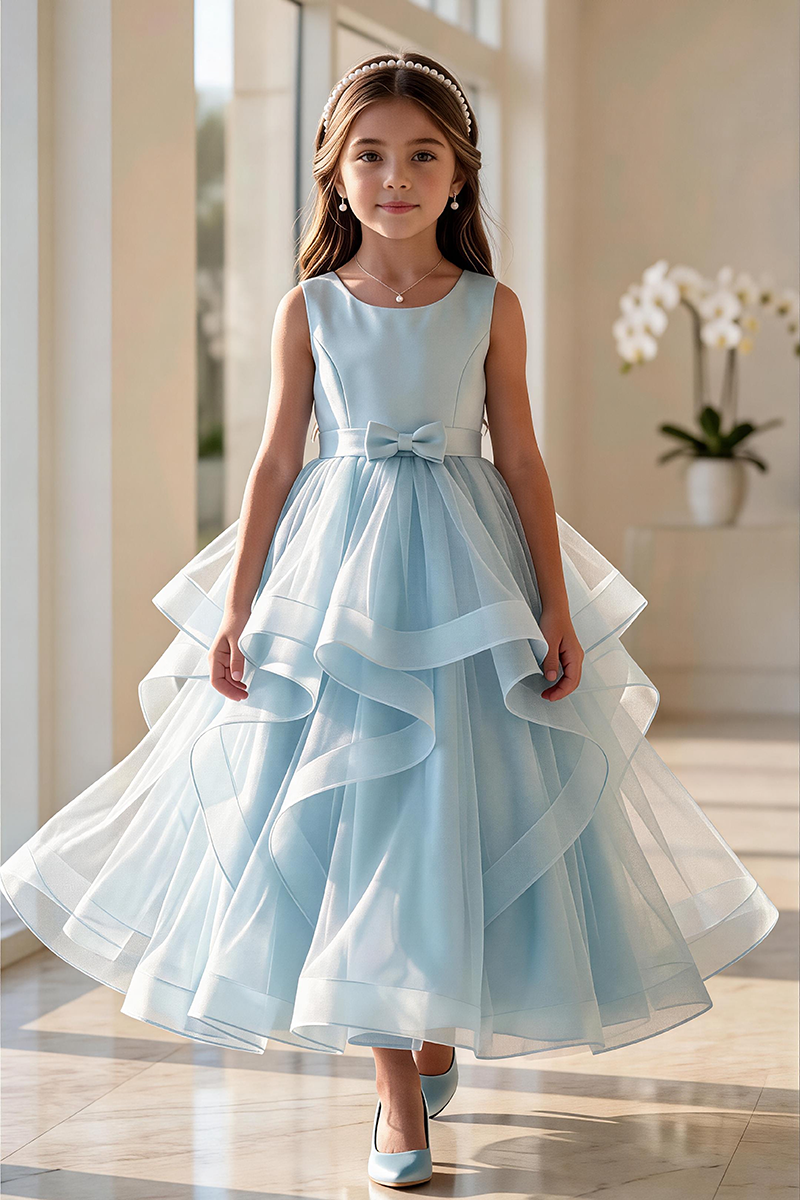 Girls Sky Blue Sleeveless Tulle Floor-Length Gown with Waist Bo