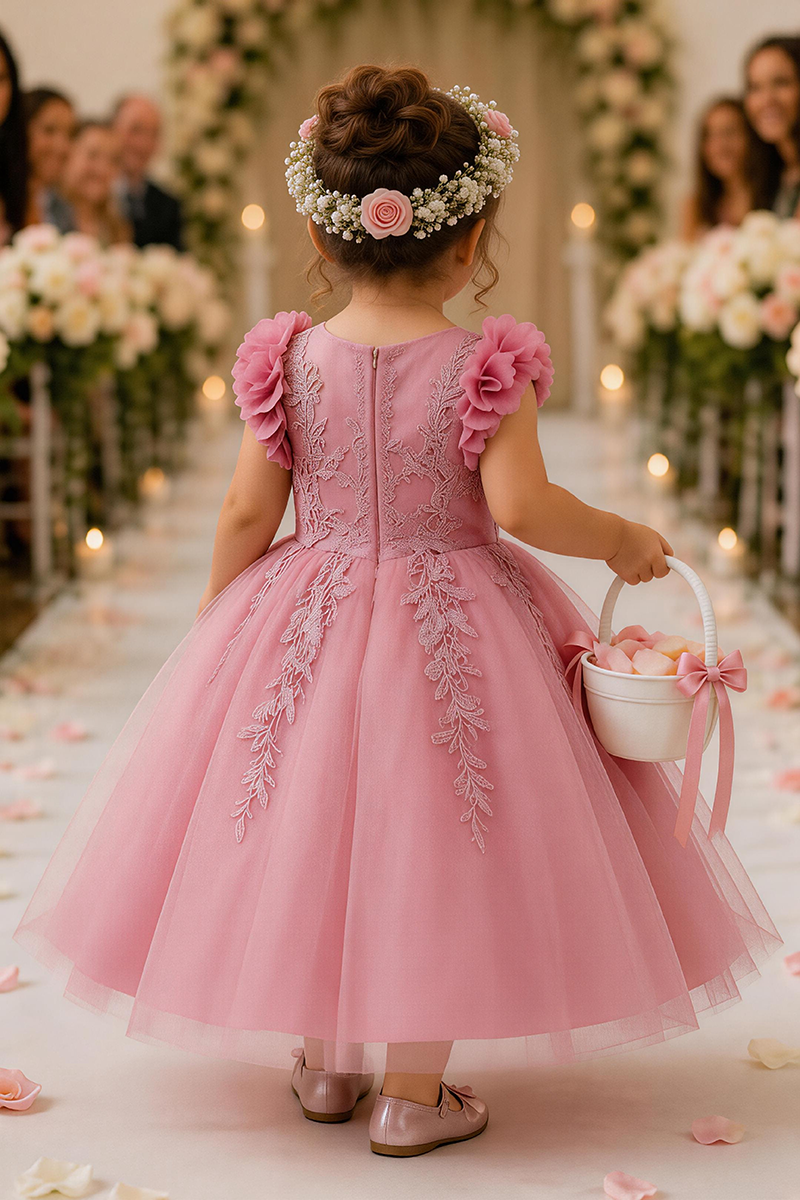 Girls Dusty Pink V-Neck Tulle with Floral Lace Midi Dress