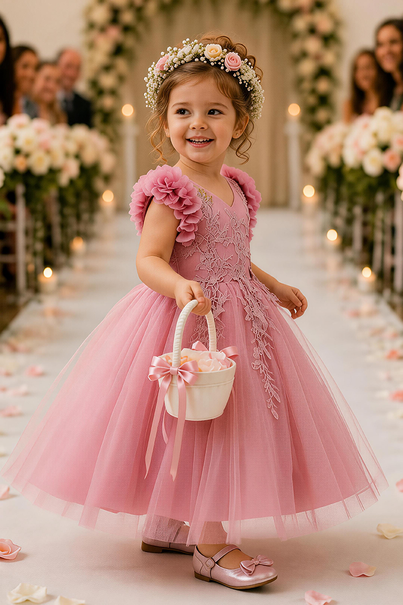 Girls Dusty Pink V-Neck Tulle with Floral Lace Midi Dress