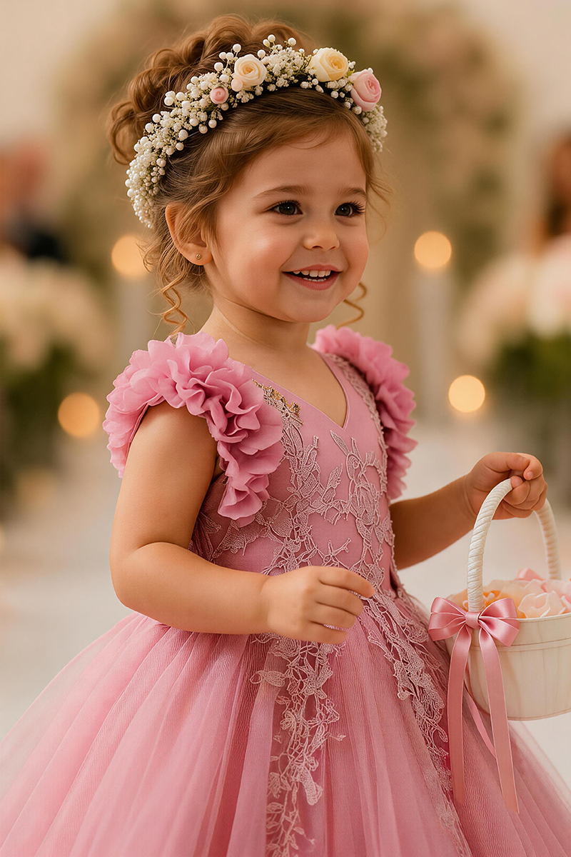 Girls Dusty Pink V-Neck Tulle with Floral Lace Midi Dress
