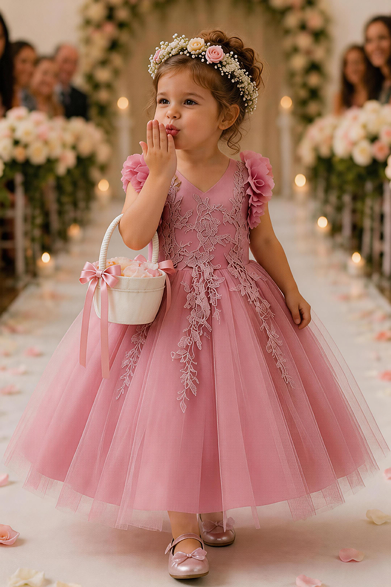 Girls Dusty Pink V-Neck Tulle with Floral Lace Midi Dress