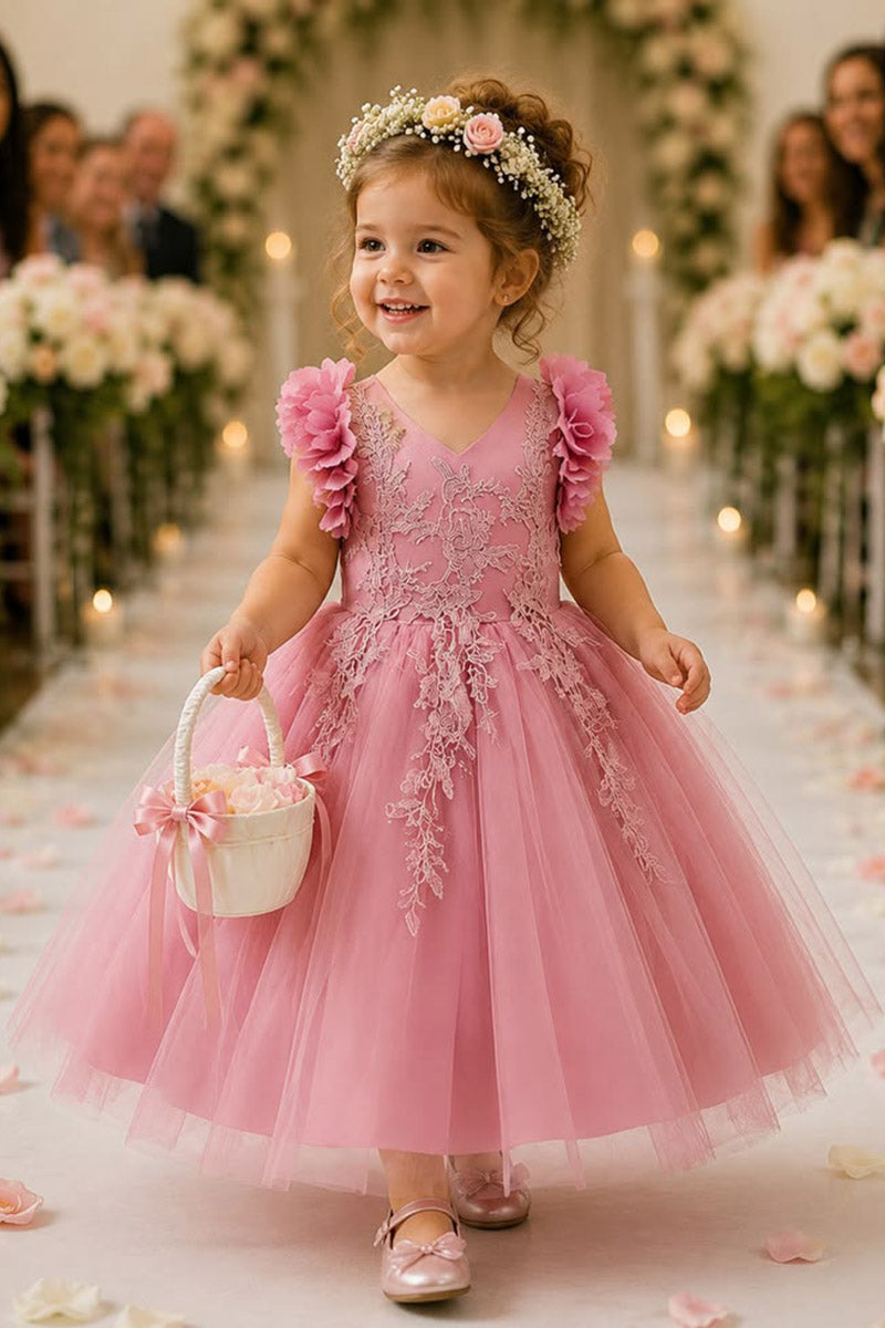 Girls Dusty Pink V-Neck Tulle with Floral Lace Midi Dress