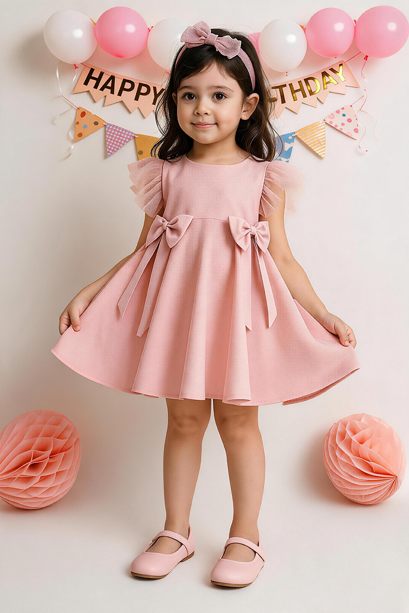 Girls Blush Pink Sleeveless Swing Mini Dress with Tulle Flutter Sleeves