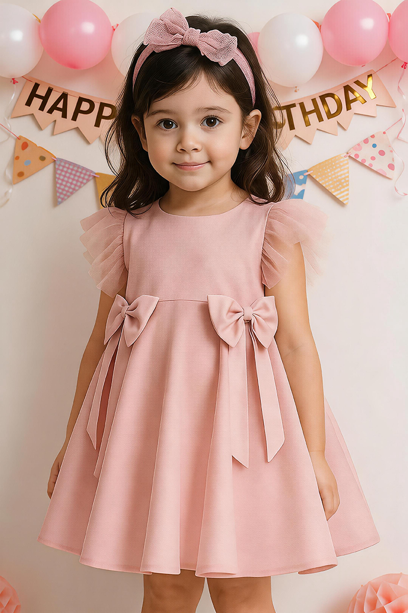 Girls Blush Pink Sleeveless Swing Mini Dress with Tulle Flutter Sleeves