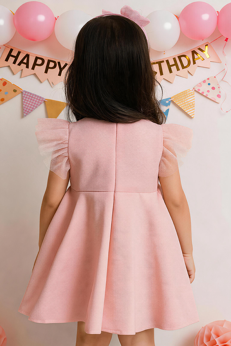 Girls Blush Pink Sleeveless Swing Mini Dress with Tulle Flutter Sleeves