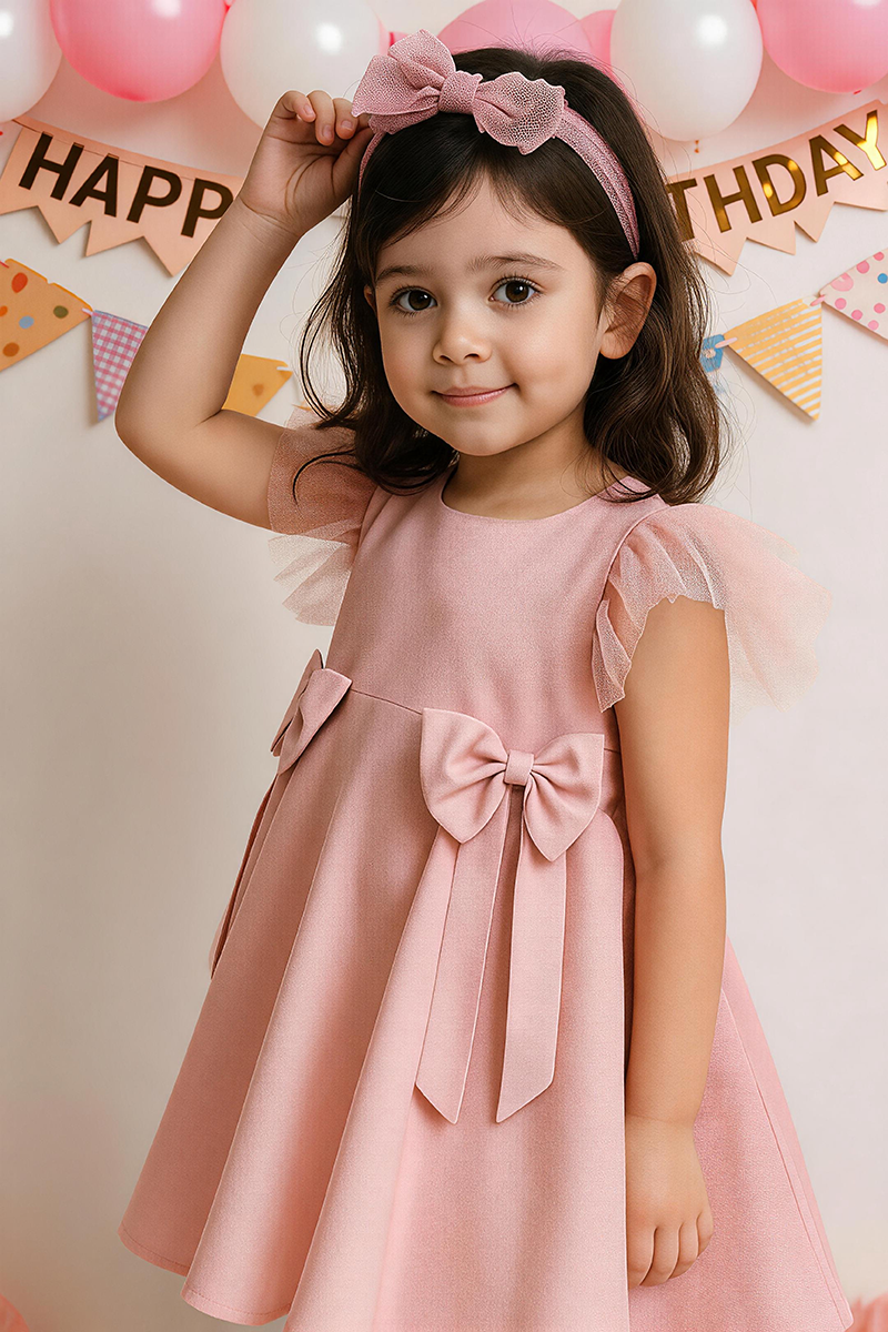 Girls Blush Pink Sleeveless Swing Mini Dress with Tulle Flutter Sleeves