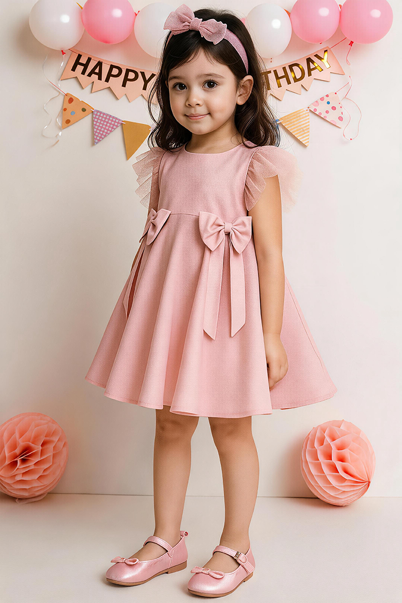 Girls Blush Pink Sleeveless Swing Mini Dress with Tulle Flutter Sleeves