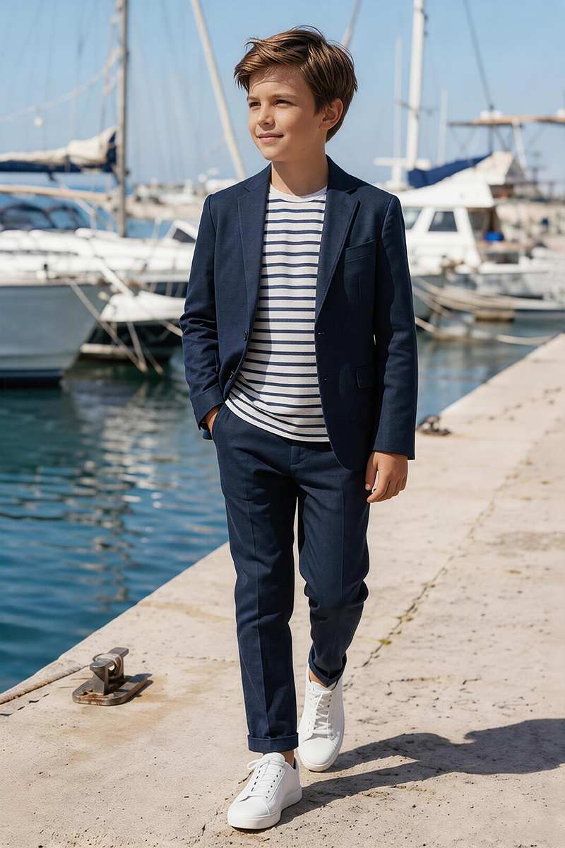 Boys Navy Notch Lapel Blazer & Cuffed Trouser 2-Piece Suit