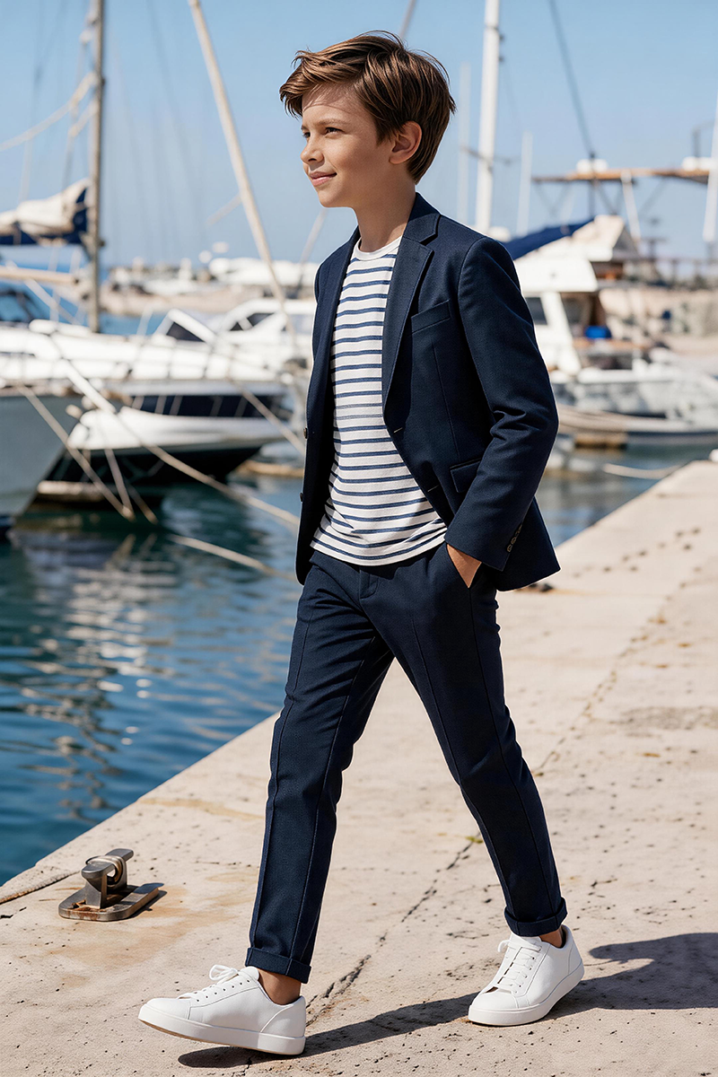 Boys Navy Notch Lapel Blazer & Cuffed Trouser 2-Piece Suit