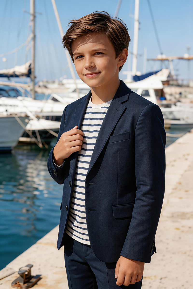 Boys Navy Notch Lapel Blazer & Cuffed Trouser 2-Piece Suit
