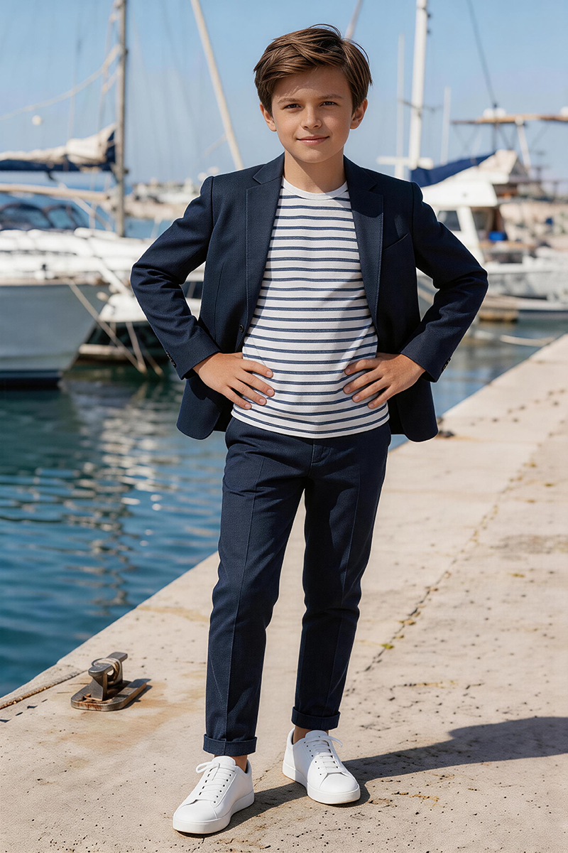 Boys Navy Notch Lapel Blazer & Cuffed Trouser 2-Piece Suit